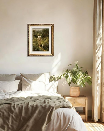 InSimSea Gold Framed Canvas Wall Art Room Decor Christian Jesus Wall Decor for Prayer Room Jesus and Lamb Oil Printing Artwork for Living Room Bedroom Church Home Office 16×13in