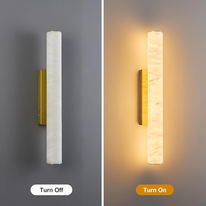 LMQNINE Natural Alabaster Wall Sconces Set of Two Spanish Marble Wall Light Cylinder Modern Gold LED Sconce for Living Room Bedroom Bathroo Stairs（M-2Pack）