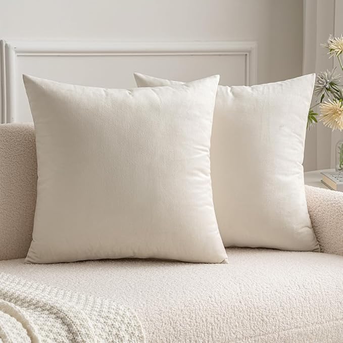MIULEE Velvet Throw Pillow Covers 16x16 Inch, Pack of 2 - Cream White, Soft Solid Decorative Pillow Covers Cushion Cases Modern Luxury Home Decor for Spring Couch Sofa Bedroom Livingroom