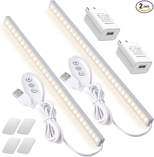 2Pack LED Under Cabinet Lighting Dimmable Under Cabinet Lights with USB Powered for Closet Light Bar Under Counter Lighting Work Tables Student Dormitory (Include AC Plug)
