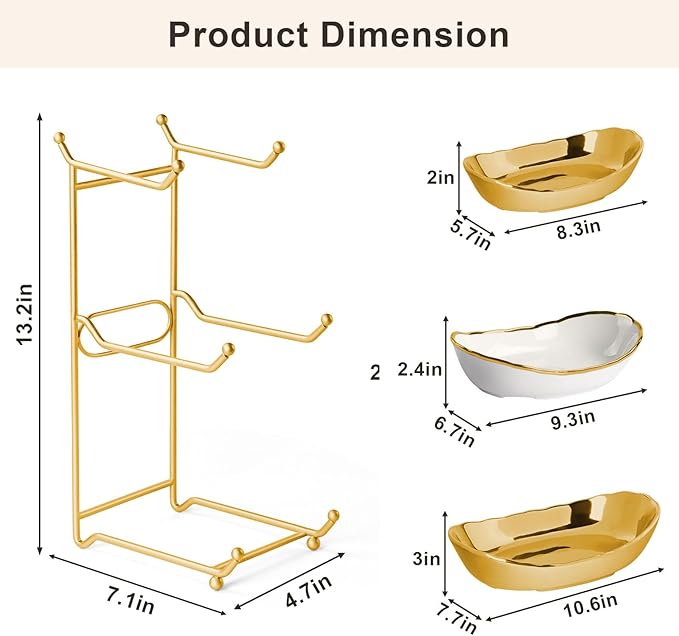 3 Tier Fruit Bowl for Kitchen Counter, White Gold Ceramic Fruit Stand for Countertop, Home Fruit Rack with Holder, Vegetable Bowl Snacks Nuts Bread Candy Storage, Small & Cute (Gold)