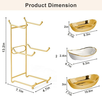 3 Tier Fruit Bowl for Kitchen Counter, White Gold Ceramic Fruit Stand for Countertop, Home Fruit Rack with Holder, Vegetable Bowl Snacks Nuts Bread Candy Storage, Small & Cute (Gold)