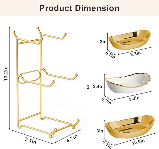 3 Tier Fruit Bowl for Kitchen Counter, White Gold Ceramic Fruit Stand for Countertop, Home Fruit Rack with Holder, Vegetable Bowl Snacks Nuts Bread Candy Storage, Small & Cute (Gold)