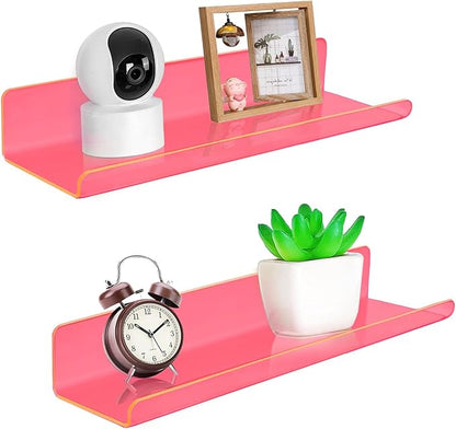 ROYALITA Small Acrylic Shelves Wall Mounted | Set of 2 | 12 Inches | Wall Hanging Plant Display Shelves, Room Decor Floating Wall Shelves for Gaming Room Bedroom, Living Room, Office, Pink
