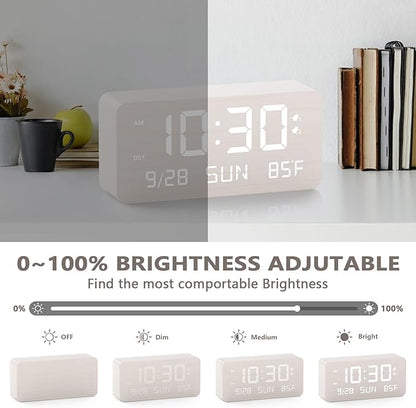 Wooden Digital Alarm Clock for Bedroom - Desk Clock with Date, Day of Week, Temperature, Dual Alarms, Dimmer, USB Port Charge, DST, Adjustable Volume for Living Room/Office Wood Decor (White)