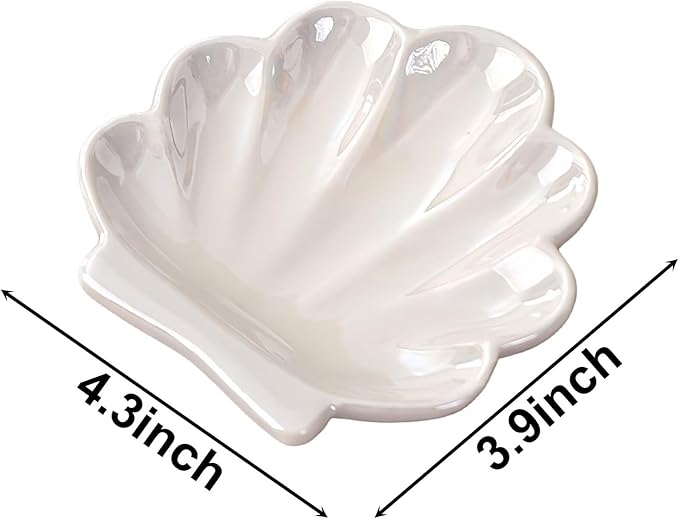 Shell Ceramic Trinket Dish, Cute Ring Earrings Holder Jewelry Tray, Organizer Plate Home Decorations for Bathroom, Bedroom and Dresser Accessories
