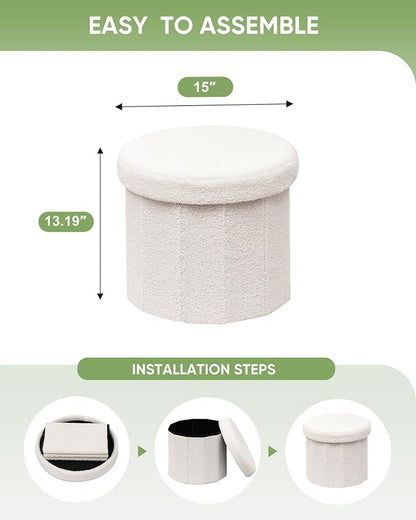 B FSOBEIIALEO Storage Ottoman Cube, Round Ottomans with Storage Foot Stool Footrest for Lving Room, Boucle Ottoman Seat for Dorm Room,Faux Teddy Fur, White 15"x15"x13.19"