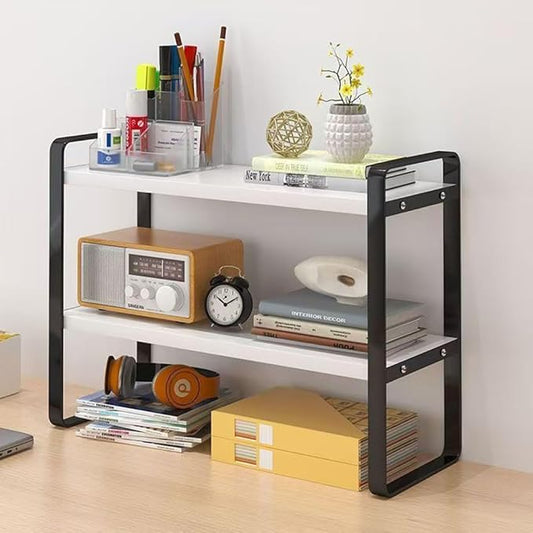 Hbluefat Desktop Organizer Shelf, 2-Tier Multipurpose Tabletop Storage Bookshelf, Small Wooden Countertop Storage Rack for Home Office Kitchen (White+Black)