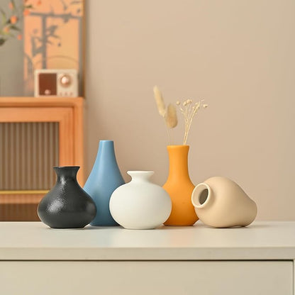 Colorful Ceramic Vase Set of 5, Small Bud Mini Vases for Flowers, Decorative Vase for Floral Arrangements, Table, Cabinet, Living Room, Entryway, Home Decorations
