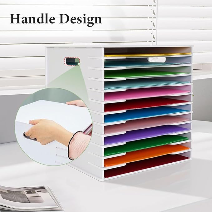 SANFURNEY Scrapbook Paper Organizer for Sizes 12" x 12", 12 Slots File Sorter Storage, Document Holder, Desktop Scrapbook Paper Organizer Rack for Home Office School (White, 12 Slots - Standard Size)