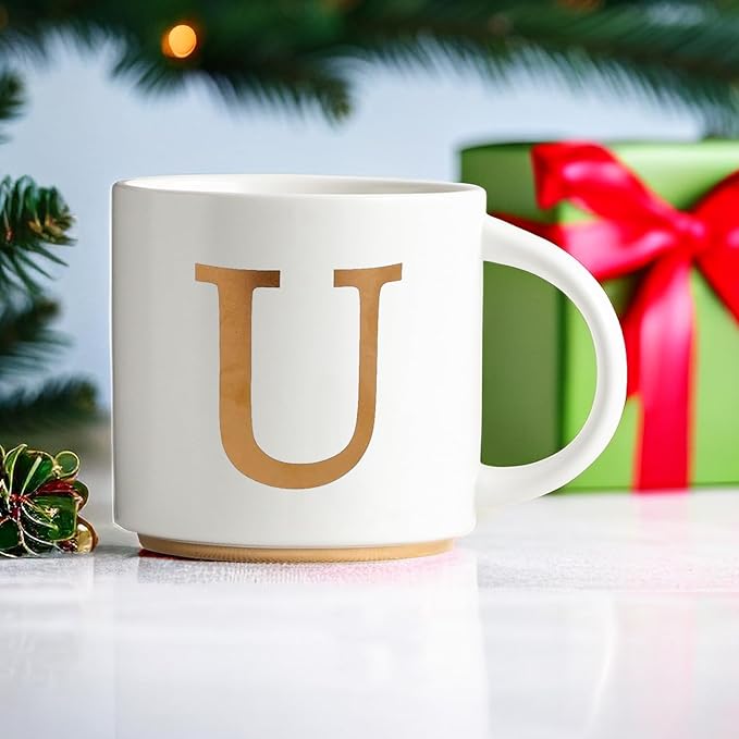 COLLECTIVE HOME - Monogram Ceramic Mugs, 15 oz Golden Initial Coffee Cups, Elegant Alphabet Tea Mugs, Elegant Personalized Mug with Gift Box, Unique Mug with Double Side Capital Letter (U)