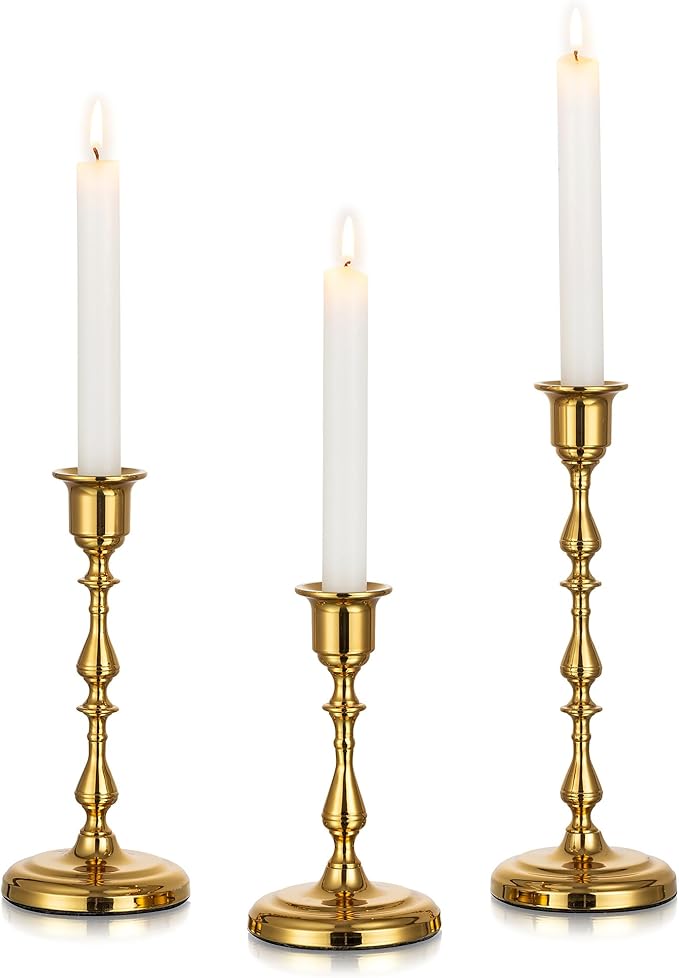 Brass Candlestick Holders Vintage: Gold Taper Candle Holder Metal Candle Sticks Holder Antique Decoration for Dinning Table Mantel Wedding Centerpieces Christmas Party Set of 3