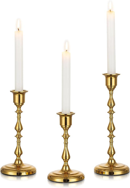 Brass Candlestick Holders Vintage: Gold Taper Candle Holder Metal Candle Sticks Holder Antique Decoration for Dinning Table Mantel Wedding Centerpieces Christmas Party Set of 3