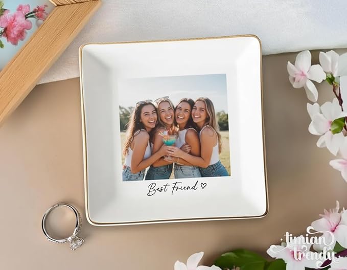 Custom Photo Bestie Jewelry Dish, Ceramic Personalized Ring Dish, Trinket Dish Gift for Long Distance Friendship Soul Sister Women BFF Christmas Birthday Wedding Bride To Be Gift
