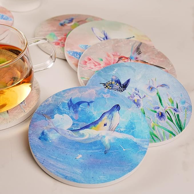 Coasters for Drinks, Set of 10 Absorbent Ceramic Stone Coasters, Natures, with Cork Back 5 Designs