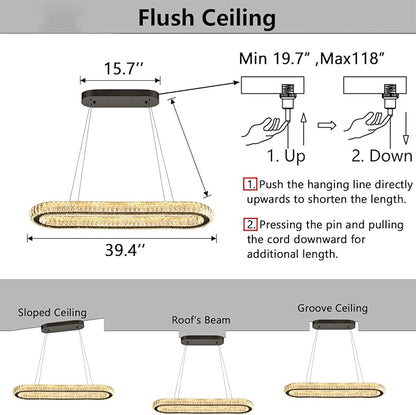 LED Ring Chandelier Oval Rings Pendant Lights for Dining Table Kitchen Island Remote Dimmable Hanging Light Chandeliers for Entryway Living Room Crystal Lighting Black