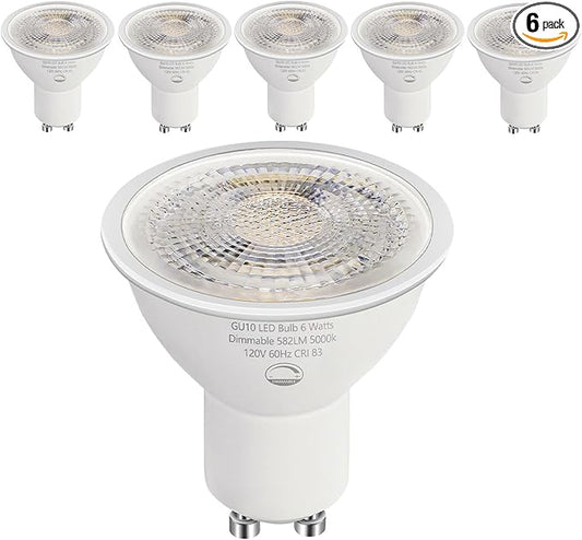 6 Pack GU10 LED Bulbs, 6W (50W Halogen Equivalent) Dimmable 5000K Daylight, 580LM, for Track Lighting, Recessed Can Lights, Kitchen & Display Lighting