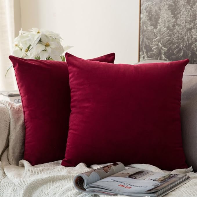 MIULEE Pack of 2 Velvet Soft Solid Decorative Square Throw Pillow Covers Christmas Cushion Case for Sofa Bedroom Couch,20x20 Inch Wine Red