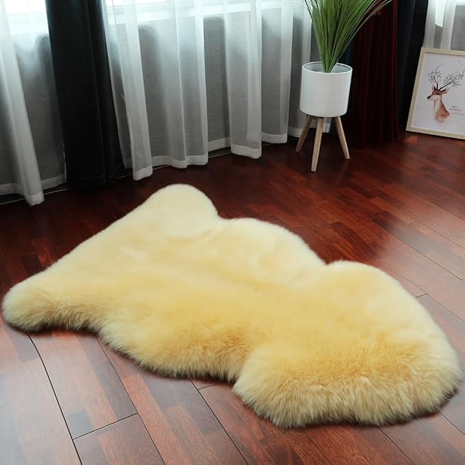 LLB Genuine Sheepskin Area Rug Wool Rug Fur Carpet Fluffy Shaggy Fur Rug for Living Room Kids Bedroom Real Sheepskin Throw Lambskin Rugs Sofa Mat Chair Seat Covers (Yellow, 2 x 3 ft Sheepskin)