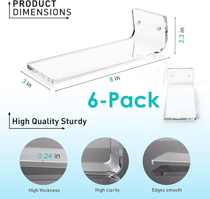 SIPRDE Floating Shoe Display Shelves for Wall Mount Set of 6 - Clear Acrylic Floating Shelves for Showcase Sneaker Collection or Shoes Box