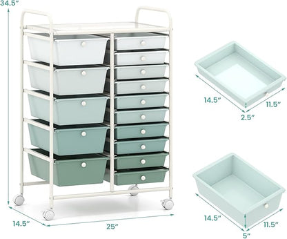 HAPPYGRILL 15-Drawer Rolling Cart, Storage Carts with Removable Drawers & Steel Frame, Utility Cart on Lockable Wheels for Home, School, Office, Macaroon, Gradient Green