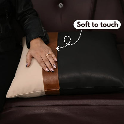 D DOLLY LAMB Lambskin Leather Pillow Cover - Sofa Cushion Case - Decorative Throw Covers for Living Room & Bedroom, 22x22 Inches - Black, Brown & Off White Pack of 2