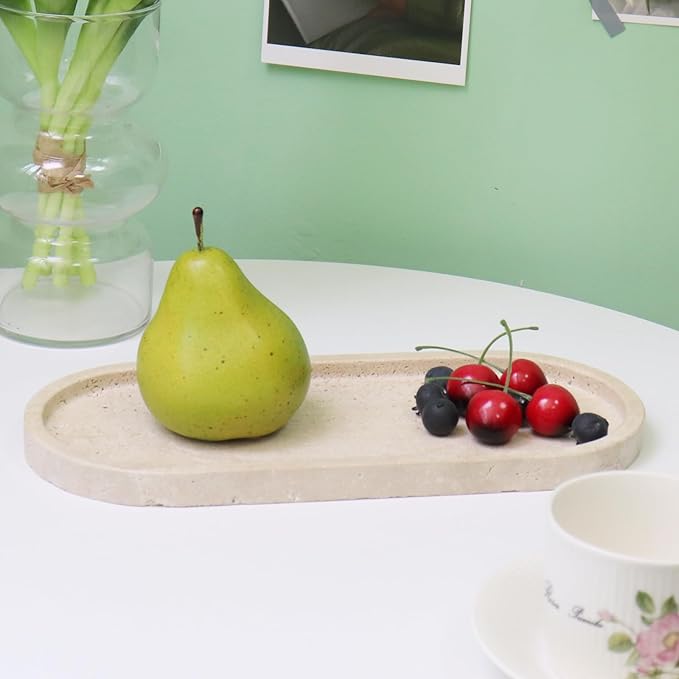 OOBOOB Oval Natural Marble Bathroom Tray for Decor Countertop, Marble Vanity Tray for Candles Perfume, Jewelry, Cosmetics, Elegant Vanity Organizer for Jewelry, Perfume