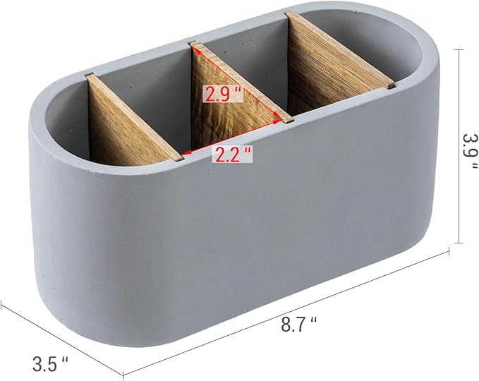 MyGift Pen Holder & Pencil Cup Modern Oval Gray Cement Desktop Office Stationery Organizer with Removable Acacia Wood Dividers
