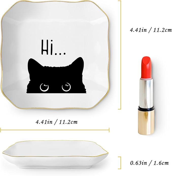 Cute Cat Themed Gifts, Ceramic Jewelry Dish Tray Holder, Trinket Dish, Funny Gifts for Cat Lover Owner Women Friend Birthday, Home Living Room Shelf Desk Table Decor