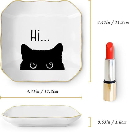 Cute Cat Themed Gifts, Ceramic Jewelry Dish Tray Holder, Trinket Dish, Funny Gifts for Cat Lover Owner Women Friend Birthday, Home Living Room Shelf Desk Table Decor