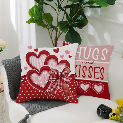 GEEORY Valentine's Day Love You More Hugs and Kisses Throw Pillow Covers 18x18 Inch Set of 4, Red Hearts Stripes Decorative Farmhouse Wedding Cushion Case for Home Decoration G650-18