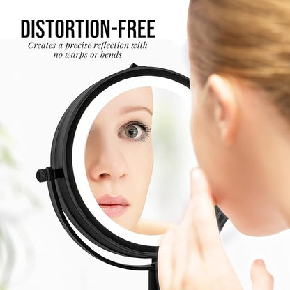 OVENTE 6" Lighted Makeup Mirror with 1X/7X Magnification, Cordless Tabletop Mount Vanity Round Mirror with 360° Swivel Design and Double Sided Cool Tone LED Ring Light, Matte Black MLT60B1X7X