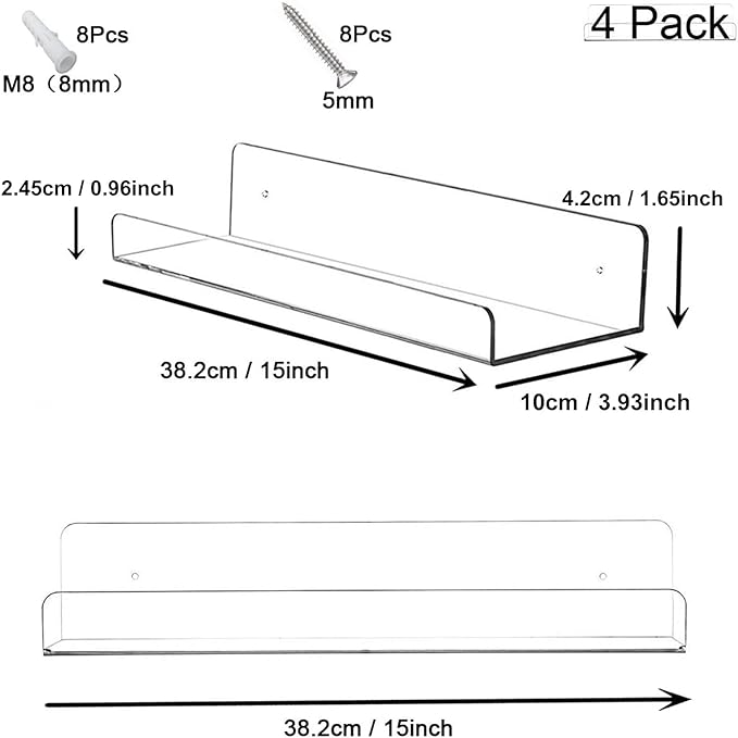 Cerpourt Acrylic Floating Wall Ledge Shelf, Wall Mounted Nursery Kids Bookshelf, Invisible Spice Rack, Clear Bathroom Storage Shelves Display,Acrylic 15" Invisible Bookshelf, Set of 4