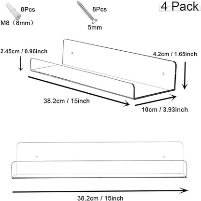 Cerpourt Acrylic Floating Wall Ledge Shelf, Wall Mounted Nursery Kids Bookshelf, Invisible Spice Rack, Clear Bathroom Storage Shelves Display,Acrylic 15" Invisible Bookshelf, Set of 4