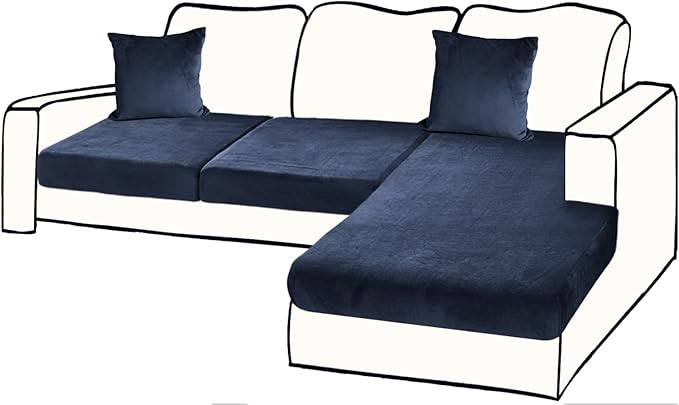 Sectional Couch Covers for 3-Piece Seat Cushion Velvet Separate L Shape Couch Cover Stretch Sofa Slipcover with 2 Pieces Pillowcases Furniture Protector (Sofa 2 Seater + 1 Chaise, Navy)