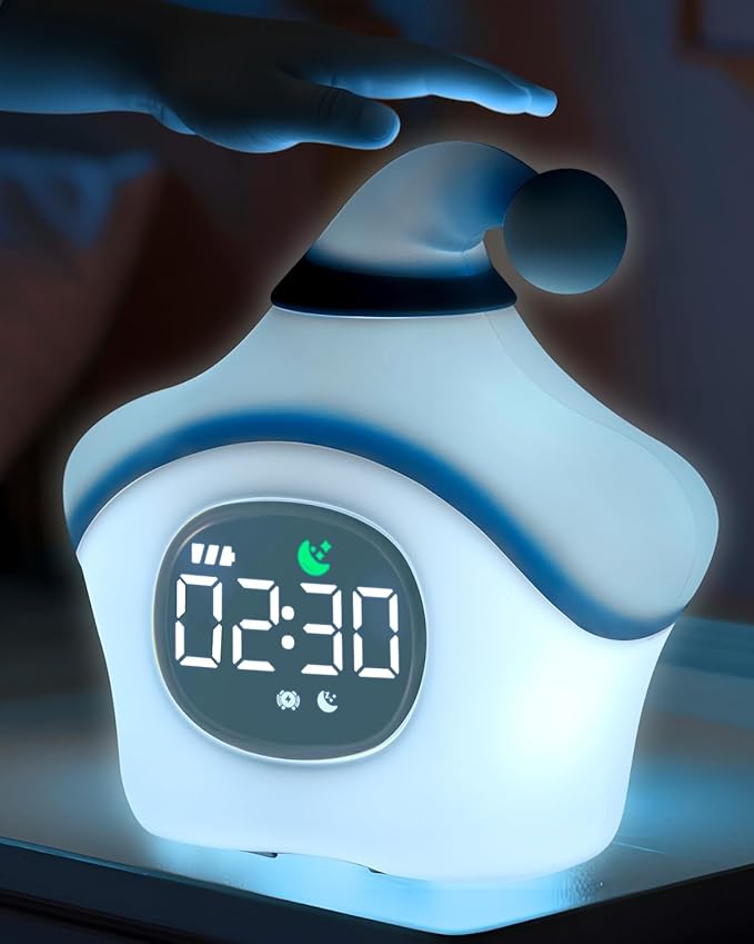 Star Alarm Clock with Night Light for Kids with Sleep Training and Sound Machine, Rechargeable Silicone Lamp OK to Wake Clock, Cute Animal Tabletop Lamp, Perfect Sleep Companion for Boys Girls, Blue