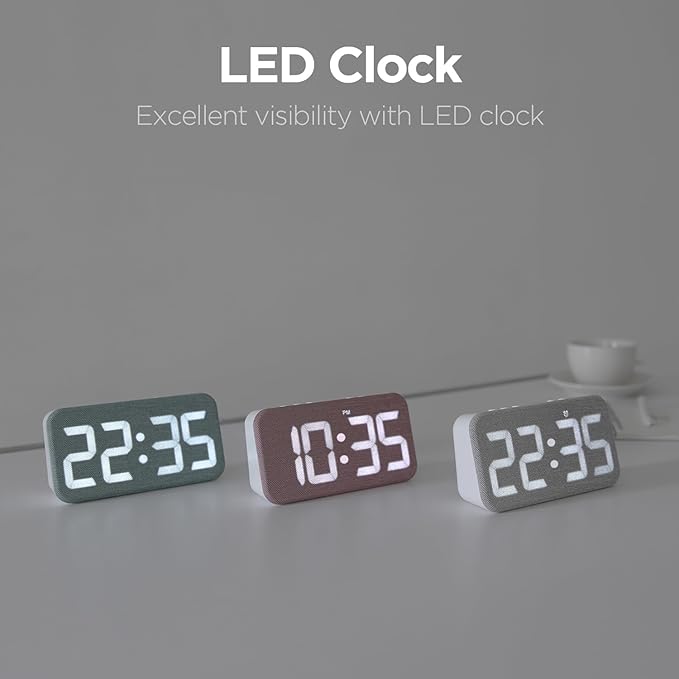 mooas Cosy Fabric LED Desk Clock, Digital Alarm Clock with USB Charging Port, 12/24H Mode, Temperature Display, Alarm & Snooze, Cozy Atmosphere, Non-Slip Silicone pad for Stability (Deep Green)