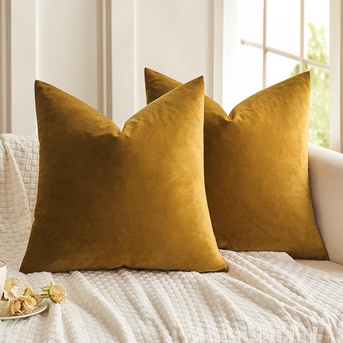 MIULEE Velvet Throw Pillow Covers 16x16 Inch, Pack of 2 - Mustard Yellow, Soft Solid Decorative Pillow Covers Cushion Cases Modern Luxury Home Decor for Spring Couch Sofa Bedroom Livingroom