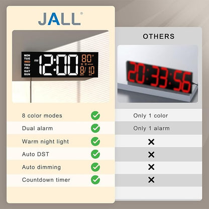 JALL 16" Large Digital Wall Mount Clock, Count Down Timer, Alarm, Big LED, RGB Color, DST, Temperature for Living Room Classroom Desk, Xmas, Birthday Gift for Senior Mom Dad (White Orange, 16 inches)