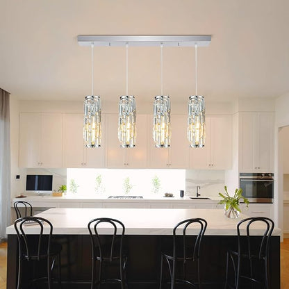 LMQNINE 4 Light Chrome Pendant Lighting Modern Pendant Light, Mini Crystal Chandeliers,Adjustable Pendant Light Fixture for Kitchen Island Dinning Room Bedroom(Chrome 4-Light)