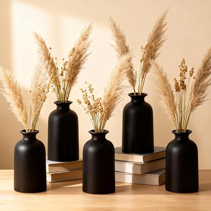 Black Ceramic Bud Vases Set of 6 – 5in Small Vases for Dry Flowers or House Plants, Modern Boho Decorative Vases for Wedding, Home, Table Centerpieces, Mantel or Office Decor