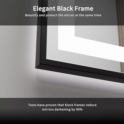 LED Bathroom Mirror, 55x36 Inch Black Framed Gradient Front and Backlit LED Mirror, 3 Colors Dimmable CRI>90, Enhanced Anti-Fog Wall Mounted Smart Mirror