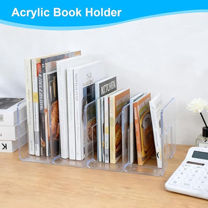 Marte Vanci Clear Acrylic File Sorter, Sturdy Desk File Organizer Shelf Book Holder Purse Handbag Clutch Divider File Folder Rack for Letter Cookbooks Home Office Kitchen Supplies 4 Sections (4 Pcs)