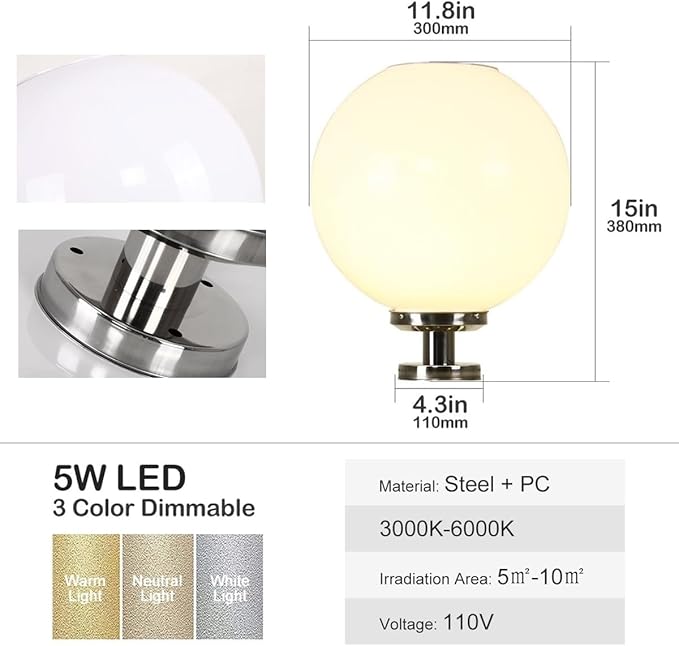Solar Post Cap Lights Outdoor, 11.8" Fence Pedestal Globe Post Lamp, Stainless Steel IP65 Waterproof External Column Light, Vintage LED dimmable Pillar Lights for Farmhouse Lawn Road Driveway