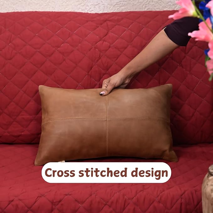100% Lambskin Leather Pillow Cover - Sofa Cushion Case - Decorative Throw Covers for Living Room & Bedroom, 16X24 Inch - Antique Brown Plain Pack of 2