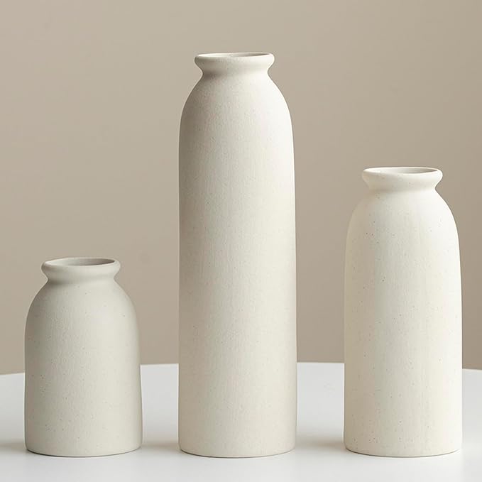 Ceramic Vase Set-3, 10.3 Inch Tall Flower Vases for Decor, Modern Boho Farmhouse Style, Decorative Vases for Pampas Grass & Dried Flowers, Distressed Finish (L Beige)