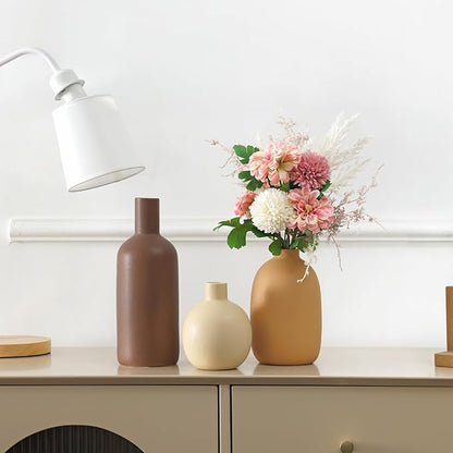 Ceramic Vase Set of 3, Brown Large Rustic Vases for Farmhouse Decor, Pampas Grass & Dried Flowers and Table Living Room Home Decor