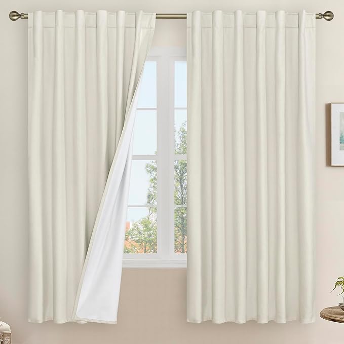LAMIT 100% Blackout Natural Polyester Curtains, 68 Inches Linen Textured Thermal Bedroom Curtains Back Tab and Rod Pocket Neutral Panels with White Liner for Farmhouse, 2 Panels, 52 x 68 Inch, Ivory