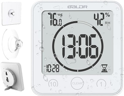 Baldr Shower Clock Waterproof Bathroom Clock with Timer/Temperature/Humidity, Digital Timers for Kids and Adults, Bath Kitchen Study, White