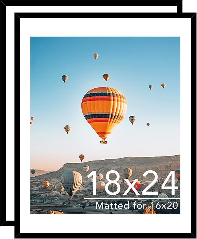 18x24 Picture Frame Set of 2 with 16x20 Mat, Display Photo 16x20 with Mat or 18 x 24 Without Mat, Wall Hanging Large 18 by 24 Poster Frame with Plexiglass, 2 Pack, Black
